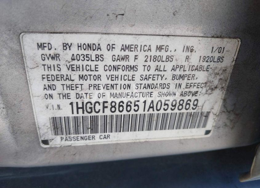 Photo 9 of 2001 Honda Accord VALUE PACKAGE (VIN 1HGCF86651A059869)
