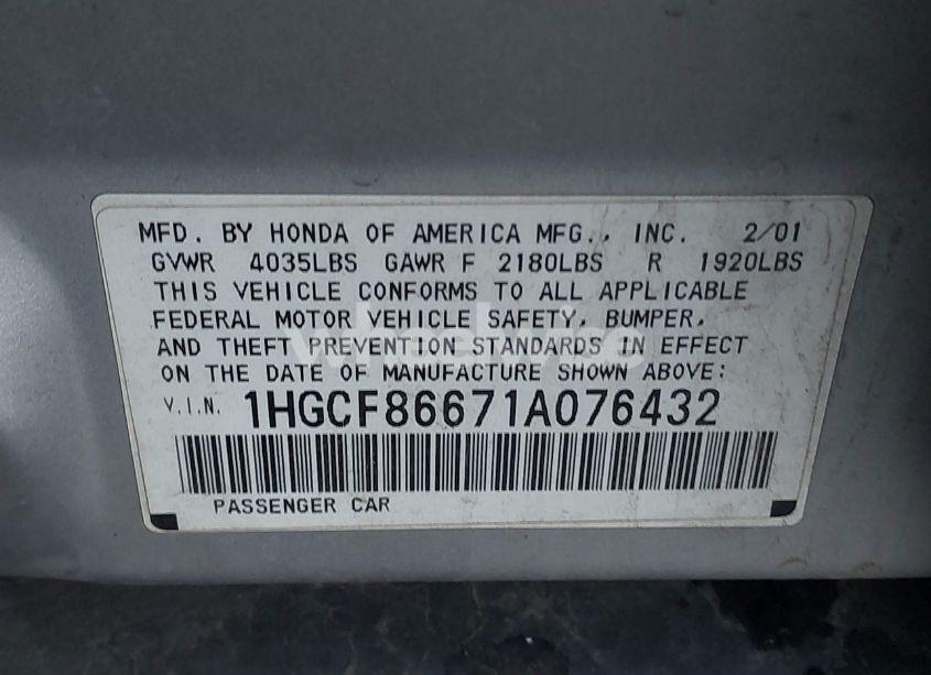 Photo 9 of 2001 Honda Accord VALUE PACKAGE (VIN 1HGCF86671A076432)