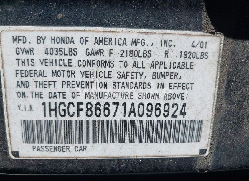 Photo 9 of 2001 Honda Accord VALUE PACKAGE (VIN 1HGCF86671A096924)