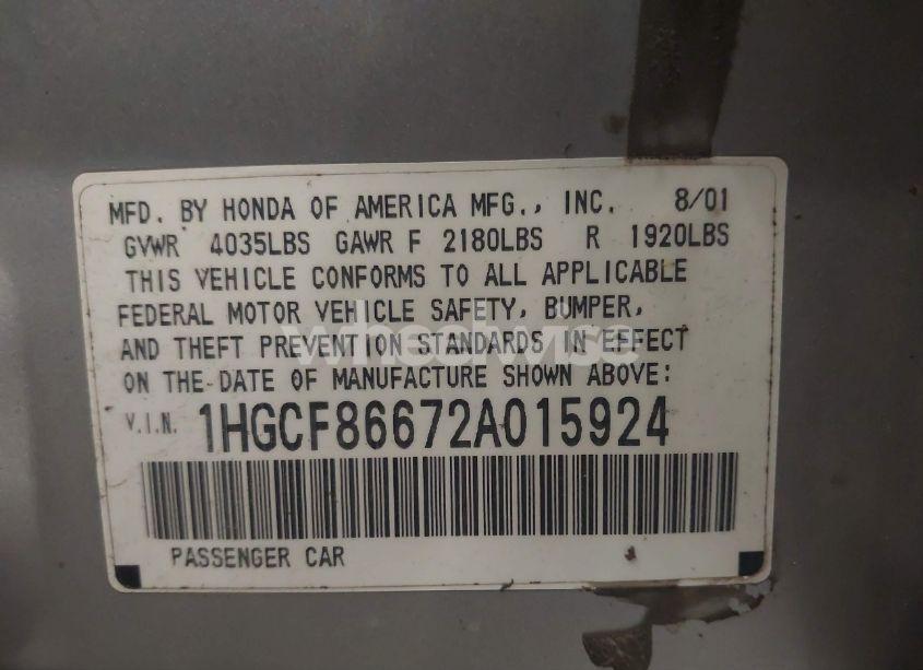 Photo 9 of 2002 Honda Accord 2.3 VP (VIN 1HGCF86672A015924)