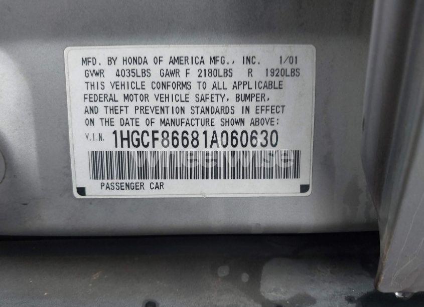Photo 9 of 2001 Honda Accord VALUE PACKAGE (VIN 1HGCF86681A060630)