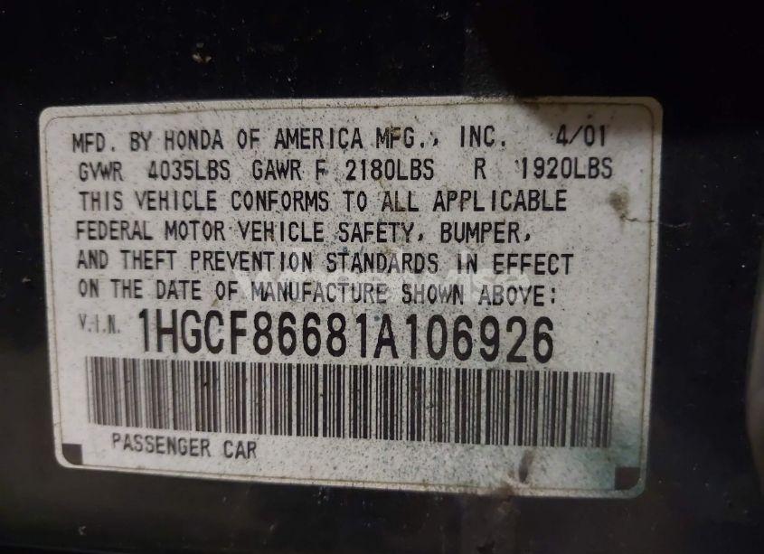 Photo 9 of 2001 Honda Accord VALUE PACKAGE (VIN 1HGCF86681A106926)
