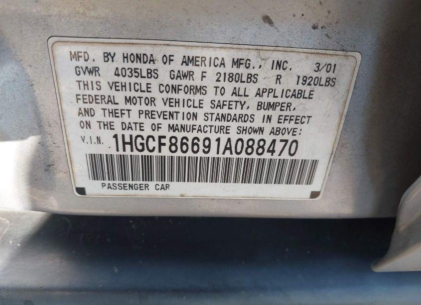 Photo 9 of 2001 Honda Accord VALUE PACKAGE (VIN 1HGCF86691A088470)