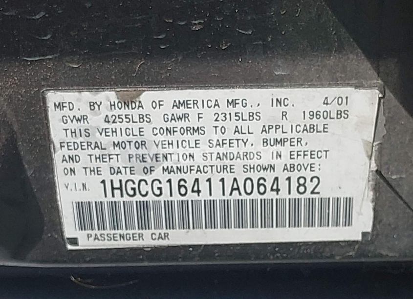 Photo 9 of 2001 Honda Accord 3.0 LX (VIN 1HGCG16411A064182)