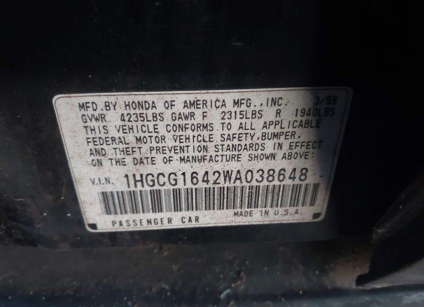 Photo 9 of 1998 Honda Accord LX V6 (VIN 1HGCG1642WA038648)