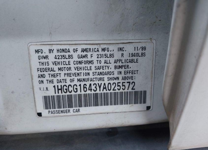 Photo 9 of 2000 Honda Accord 3.0 LX (VIN 1HGCG1643YA025572)