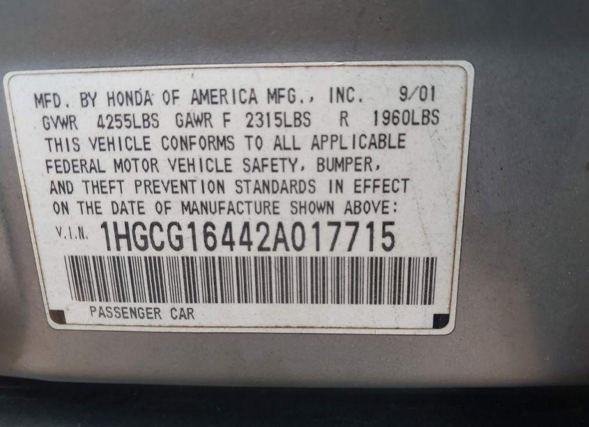 Photo 9 of 2002 Honda Accord 3.0 LX (VIN 1HGCG16442A017715)