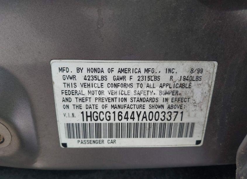 Photo 9 of 2000 Honda Accord 3.0 LX (VIN 1HGCG1644YA003371)