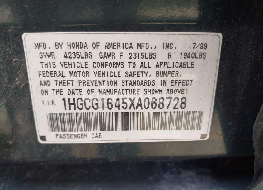 Photo 9 of 1999 Honda Accord LX V6 (VIN 1HGCG1645XA068728)
