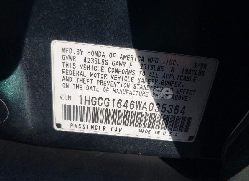 Photo 9 of 1998 Honda Accord LX V6 (VIN 1HGCG1646WA035364)