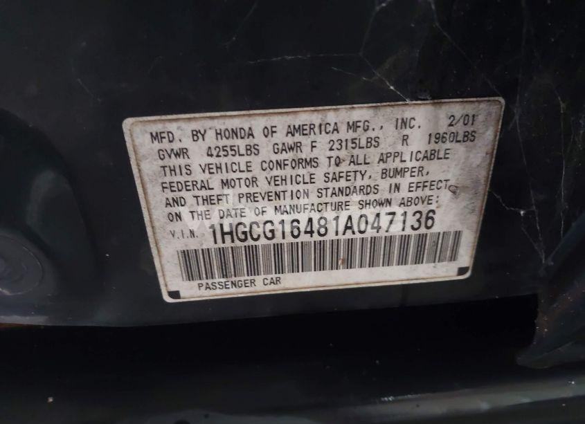 Photo 9 of 2001 Honda Accord 3.0 LX (VIN 1HGCG16481A047136)