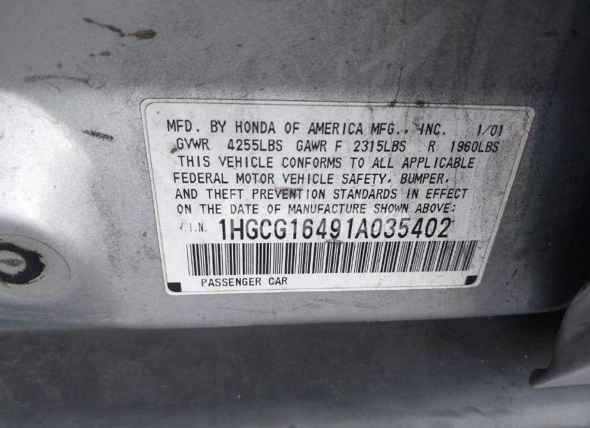 Photo 9 of 2001 Honda Accord 3.0 LX (VIN 1HGCG16491A035402)