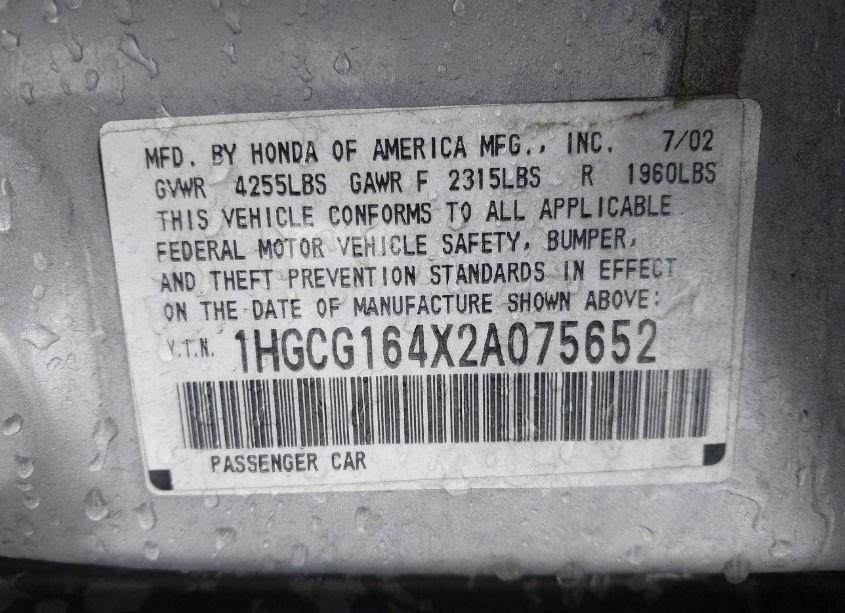 Photo 9 of 2002 Honda Accord 3.0 LX (VIN 1HGCG164X2A075652)