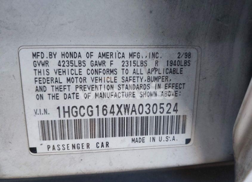 Photo 9 of 1998 Honda Accord LX V6 (VIN 1HGCG164XWA030524)