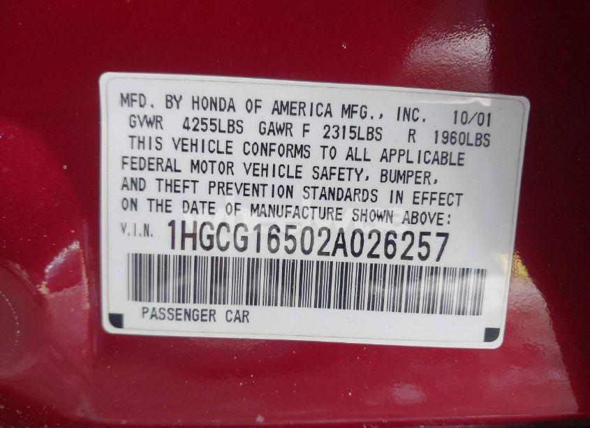 Photo 9 of 2002 Honda Accord 3.0 EX (VIN 1HGCG16502A026257)