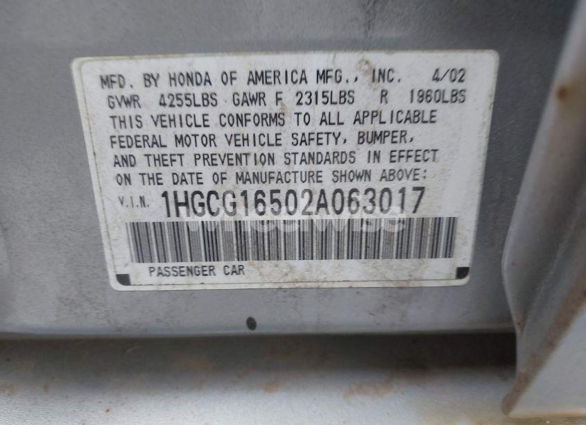 Photo 9 of 2002 Honda Accord 3.0 EX (VIN 1HGCG16502A063017)