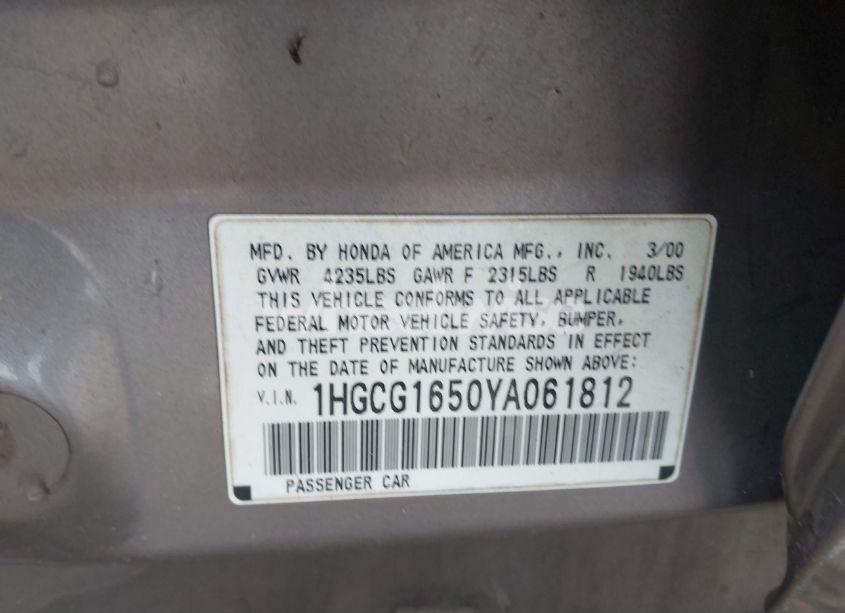 Photo 9 of 2000 Honda Accord 3.0 EX (VIN 1HGCG1650YA061812)