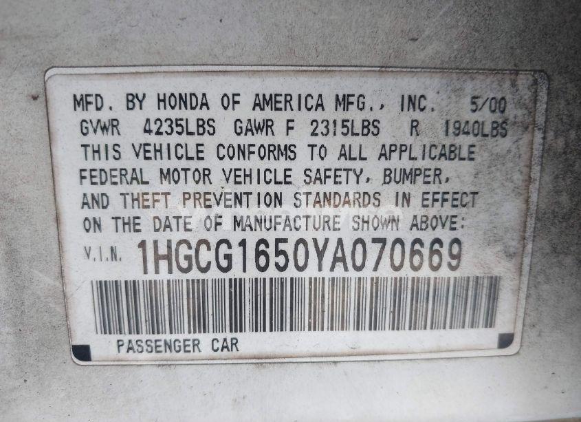 Photo 9 of 2000 Honda Accord 3.0 EX (VIN 1HGCG1650YA070669)