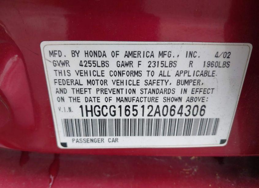 Photo 9 of 2002 Honda Accord 3.0 EX (VIN 1HGCG16512A064306)