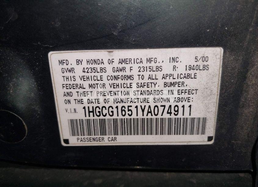 Photo 9 of 2000 Honda Accord 3.0 EX (VIN 1HGCG1651YA074911)