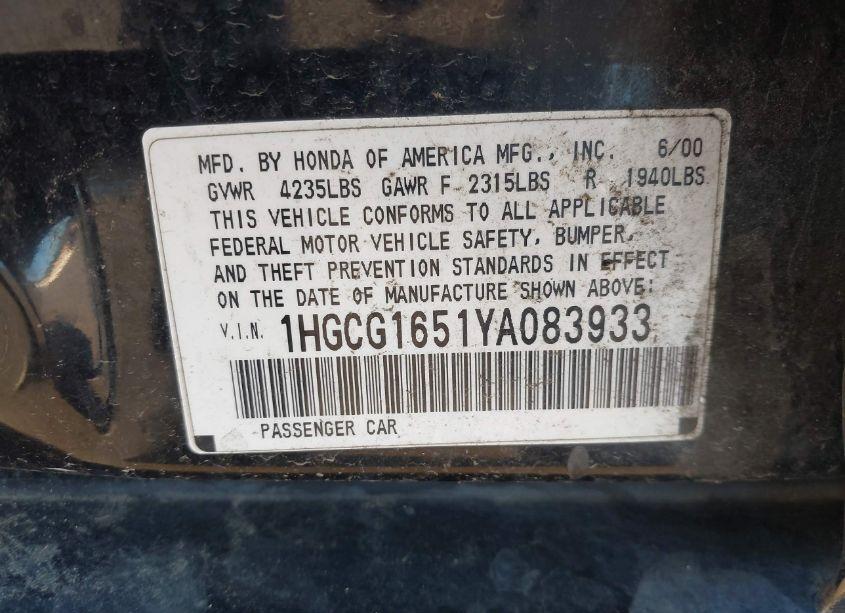 Photo 9 of 2000 Honda Accord 3.0 EX (VIN 1HGCG1651YA083933)