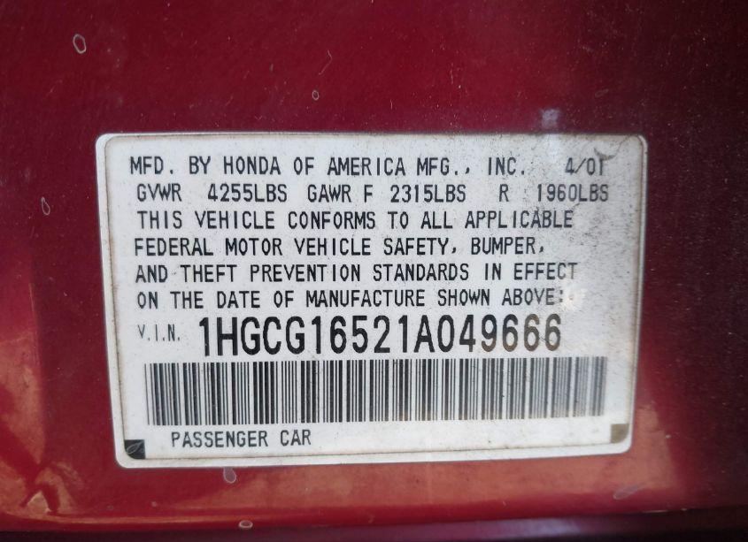 Photo 9 of 2001 Honda Accord 3.0 EX (VIN 1HGCG16521A049666)