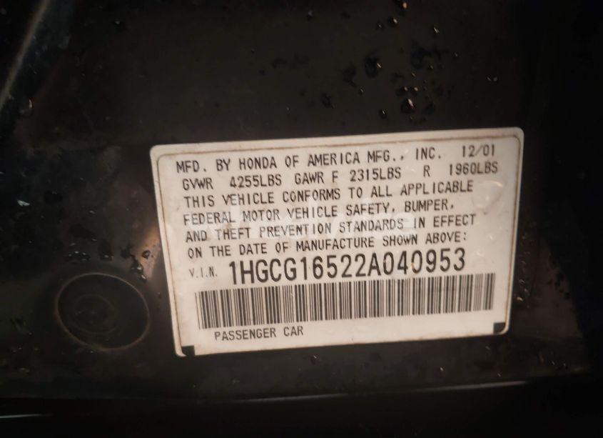 Photo 9 of 2002 Honda Accord 3.0 EX (VIN 1HGCG16522A040953)