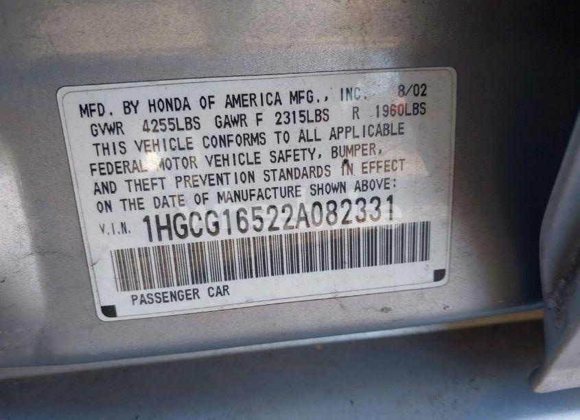 Photo 9 of 2002 Honda Accord 3.0 EX (VIN 1HGCG16522A082331)