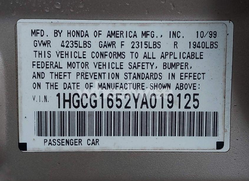 Photo 9 of 2000 Honda Accord 3.0 EX (VIN 1HGCG1652YA019125)