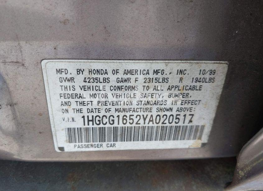 Photo 9 of 2000 Honda Accord 3.0 EX (VIN 1HGCG1652YA020517)