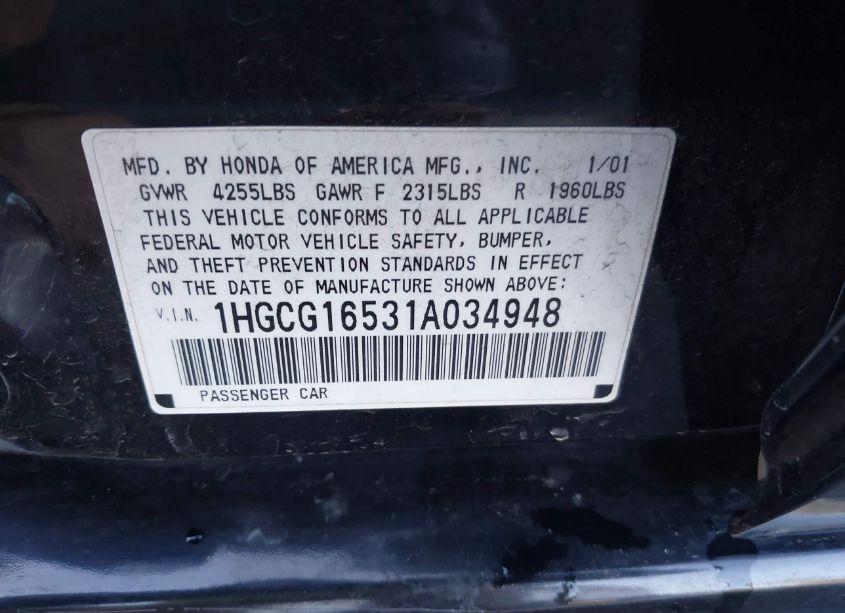 Photo 9 of 2001 Honda Accord 3.0 EX (VIN 1HGCG16531A034948)