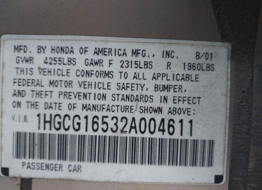 Photo 9 of 2002 Honda Accord 3.0 EX (VIN 1HGCG16532A004611)