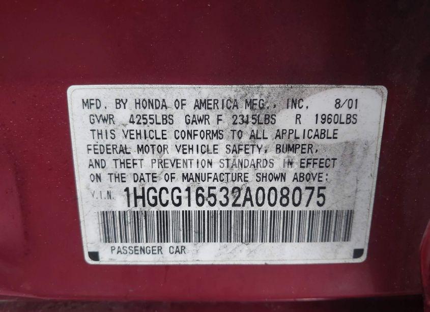Photo 9 of 2002 Honda Accord 3.0 EX (VIN 1HGCG16532A008075)
