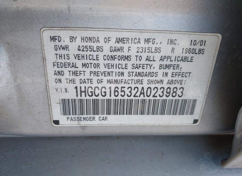 Photo 9 of 2002 Honda Accord 3.0 EX (VIN 1HGCG16532A023983)