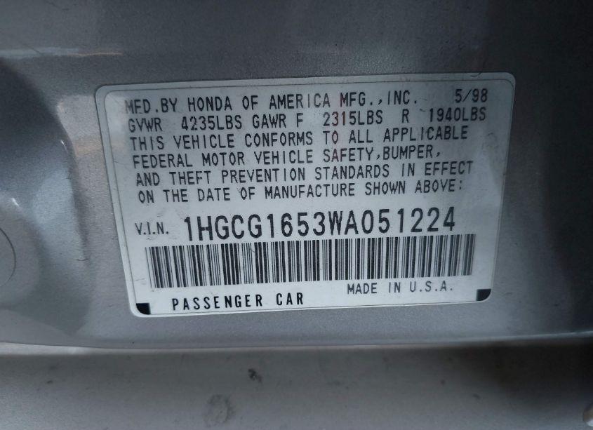 Photo 9 of 1998 Honda Accord EX V6 (VIN 1HGCG1653WA051224)