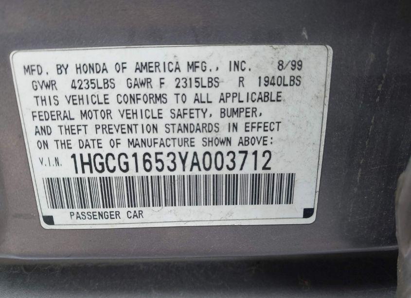Photo 9 of 2000 Honda Accord 3.0 EX (VIN 1HGCG1653YA003712)