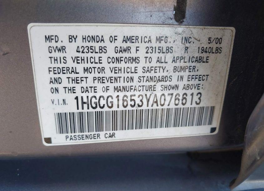 Photo 9 of 2000 Honda Accord 3.0 EX (VIN 1HGCG1653YA076613)