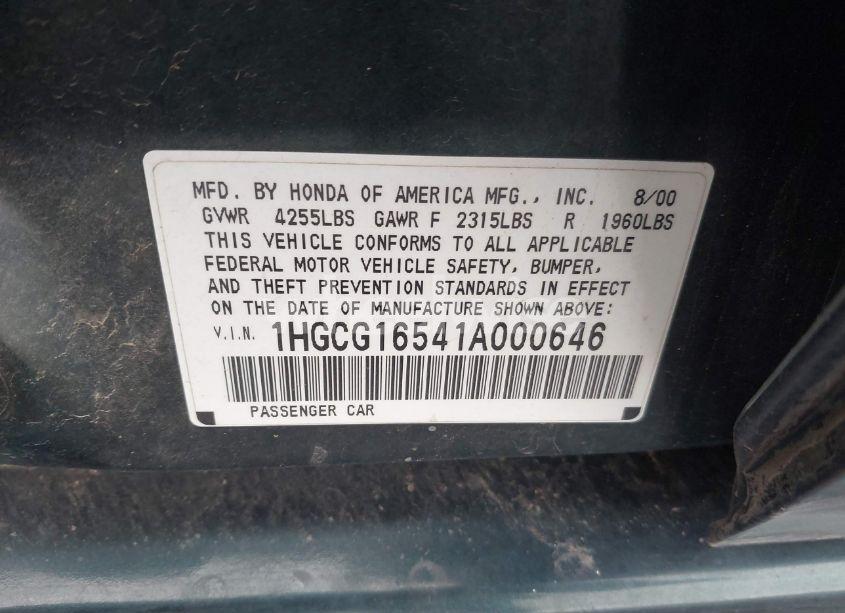 Photo 9 of 2001 Honda Accord 3.0 EX (VIN 1HGCG16541A000646)