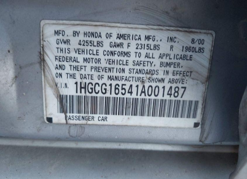 Photo 9 of 2001 Honda Accord 3.0 EX (VIN 1HGCG16541A001487)