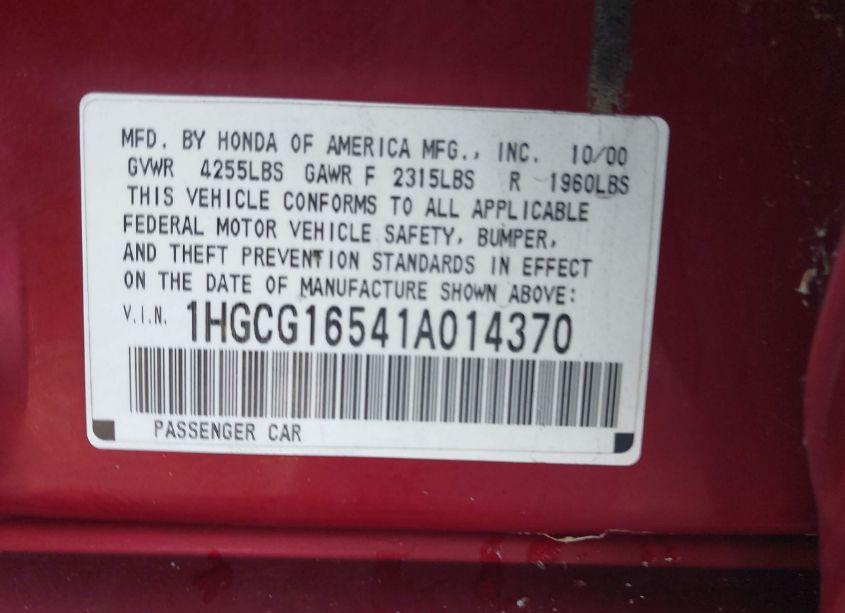 Photo 9 of 2001 Honda Accord 3.0 EX (VIN 1HGCG16541A014370)