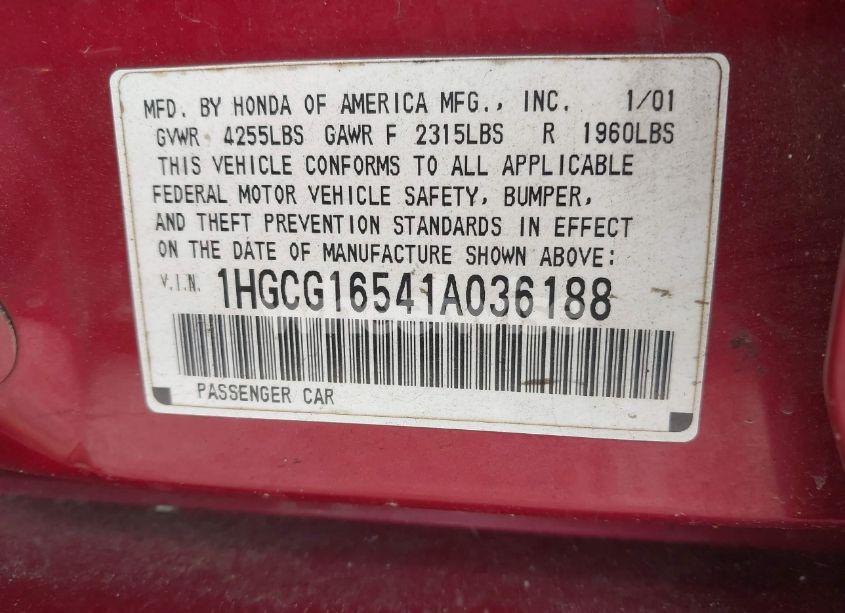 Photo 9 of 2001 Honda Accord 3.0 EX (VIN 1HGCG16541A036188)