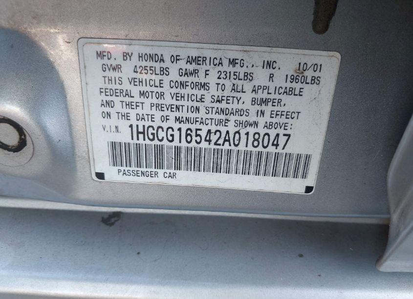 Photo 9 of 2002 Honda Accord 3.0 EX (VIN 1HGCG16542A018047)
