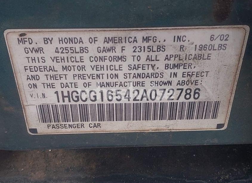 Photo 9 of 2002 Honda Accord 3.0 EX (VIN 1HGCG16542A072786)