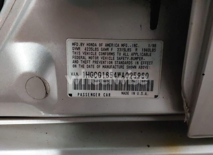 Photo 9 of 1998 Honda Accord EX V6 (VIN 1HGCG1654WA025960)