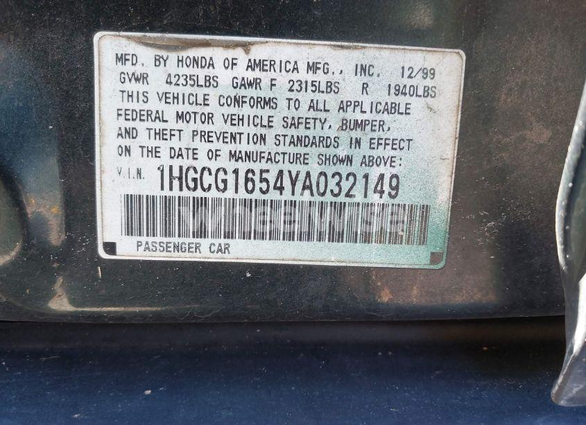 Photo 9 of 2000 Honda Accord 3.0 EX (VIN 1HGCG1654YA032149)