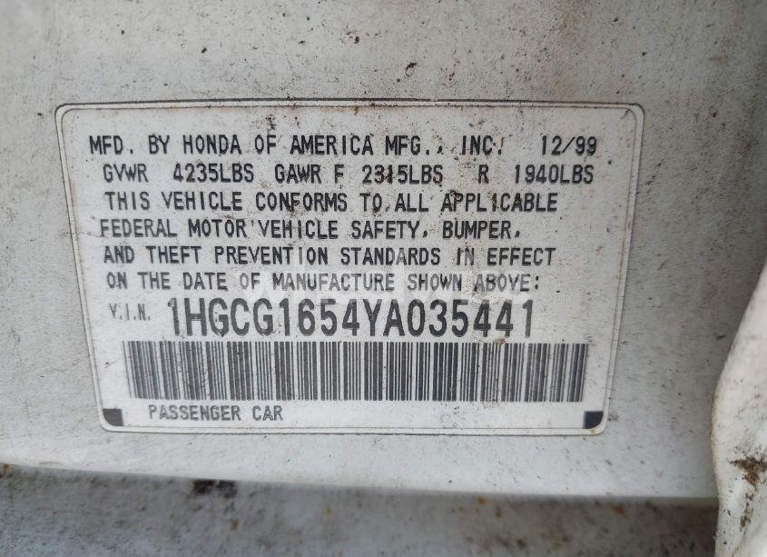 Photo 9 of 2000 Honda Accord 3.0 EX (VIN 1HGCG1654YA035441)