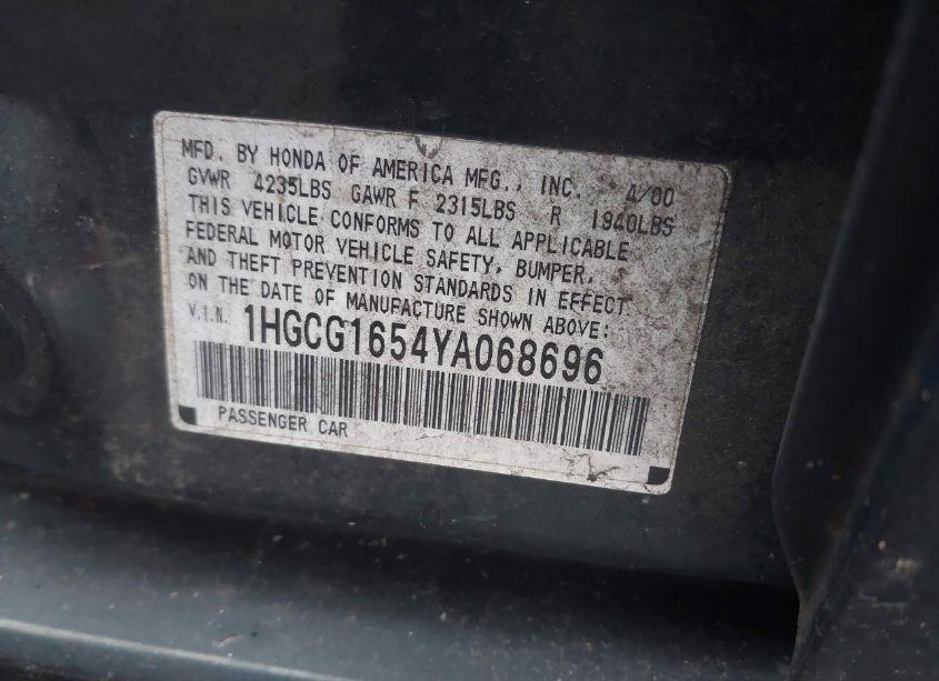 Photo 9 of 2000 Honda Accord 3.0 EX (VIN 1HGCG1654YA068696)