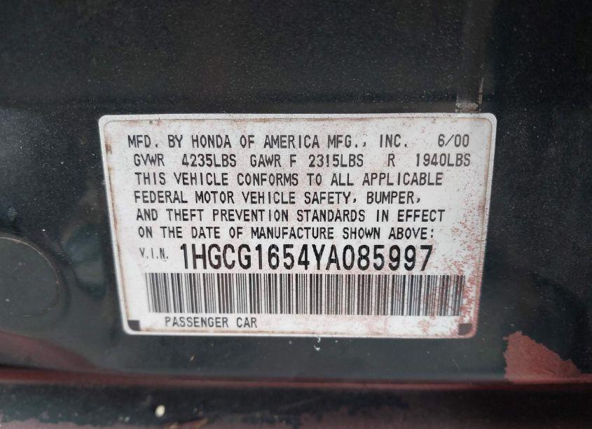 Photo 9 of 2000 Honda Accord 3.0 EX (VIN 1HGCG1654YA085997)