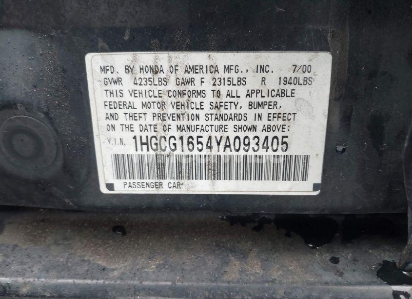 Photo 9 of 2000 Honda Accord 3.0 EX (VIN 1HGCG1654YA093405)