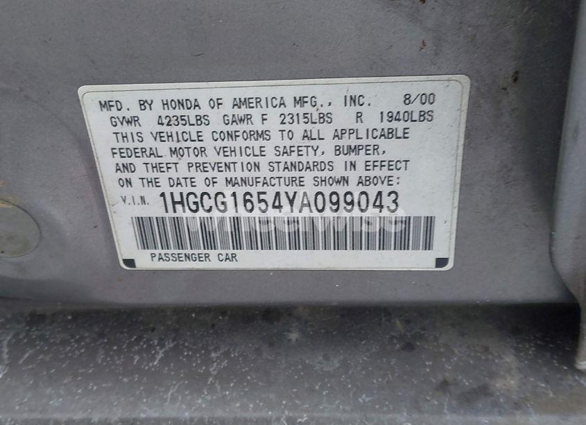 Photo 9 of 2000 Honda Accord 3.0 EX (VIN 1HGCG1654YA099043)